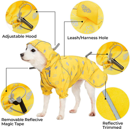 12" Reflective Cloud Prints Lightweight Waterproof Dog Raincoat with Hood & Harness Hole, Sunflower Yellow, Outdoor Rain Gear Jacket 2 Legs for Dogs