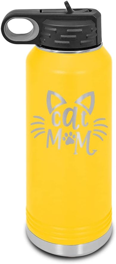 Cat Mom Laser Engraved Water Bottle Customizable Polar Camel Stainless Steel with Straw - cats lover pet Yellow 32 oz