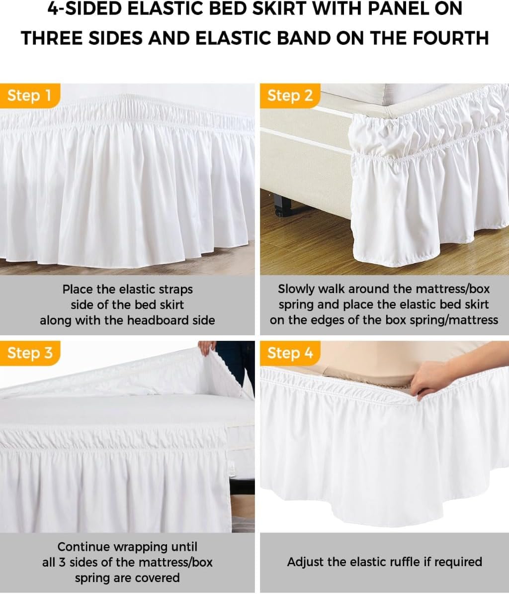 Yellow Lemon Bed Skirt Queen Size 16 Inch Drop, Adjustable Elastic Wrap Around Bed Skirts Easy Fitting Dust Ruffle Bedskirt Bed Frame Cover Blue Flower Botanical Blossom Motif Spring