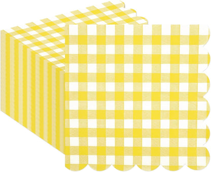50PCS Yellow Scalloped Gingham Paper Napkins - Yellow and White Striped Luncheon Napkins, Checkered Dessert Napkins, Disposable Decorations Supplies for Birthday Baby Shower Wedding Party