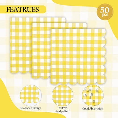 50PCS Yellow Scalloped Gingham Paper Napkins - Yellow and White Striped Luncheon Napkins, Checkered Dessert Napkins, Disposable Decorations Supplies for Birthday Baby Shower Wedding Party