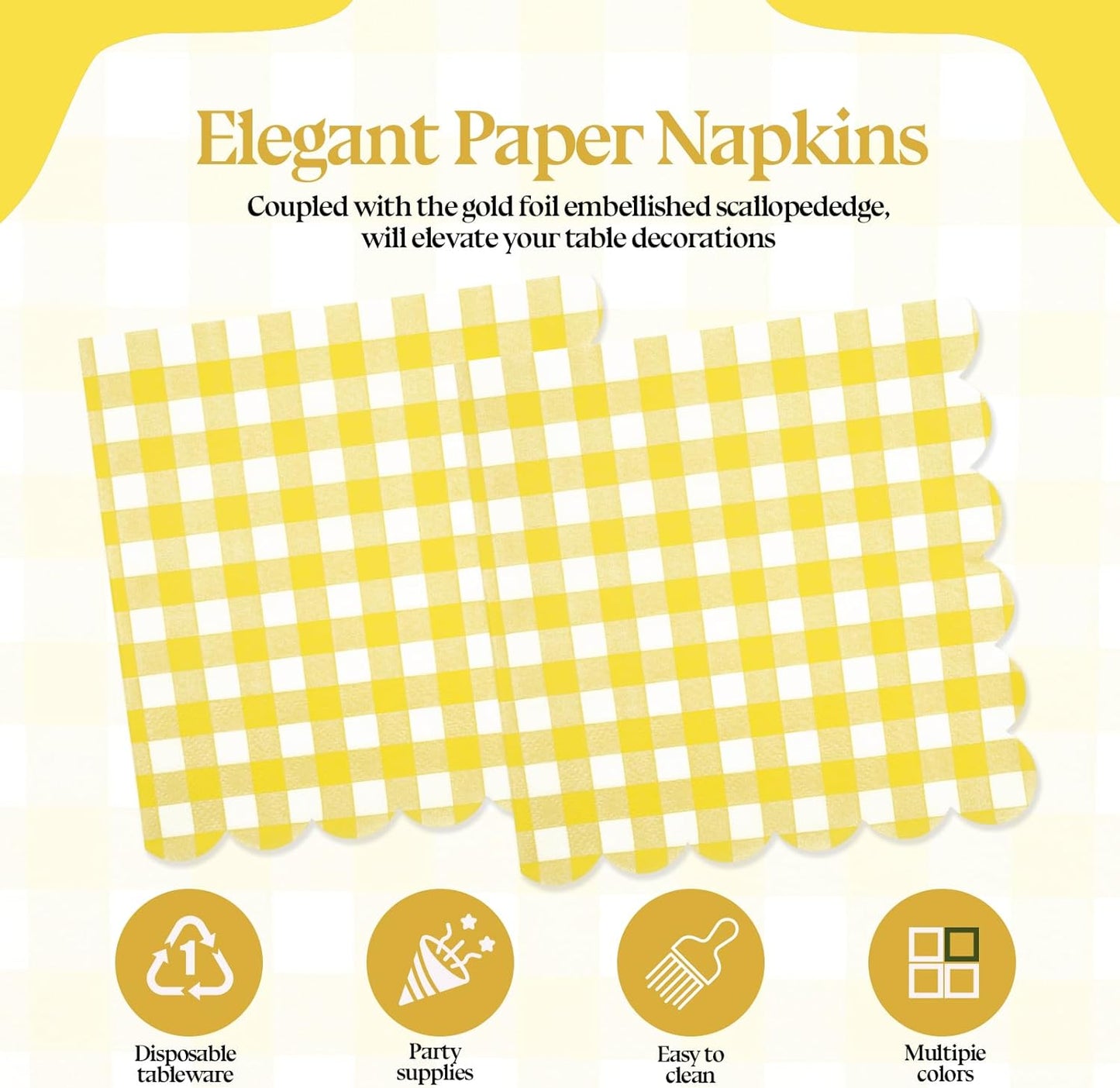 50PCS Yellow Scalloped Gingham Paper Napkins - Yellow and White Striped Luncheon Napkins, Checkered Dessert Napkins, Disposable Decorations Supplies for Birthday Baby Shower Wedding Party