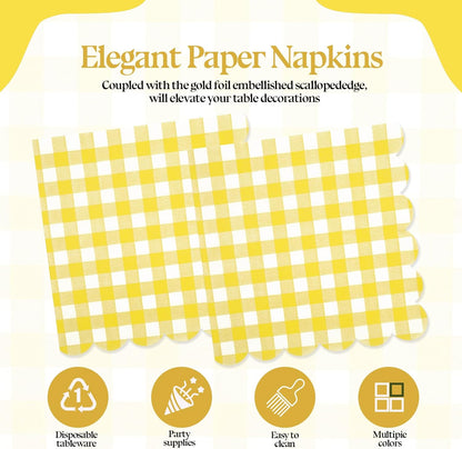 50PCS Yellow Scalloped Gingham Paper Napkins - Yellow and White Striped Luncheon Napkins, Checkered Dessert Napkins, Disposable Decorations Supplies for Birthday Baby Shower Wedding Party
