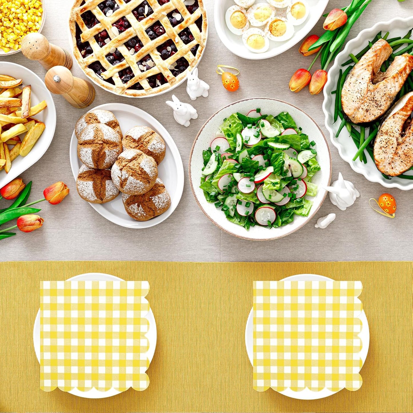 50PCS Yellow Scalloped Gingham Paper Napkins - Yellow and White Striped Luncheon Napkins, Checkered Dessert Napkins, Disposable Decorations Supplies for Birthday Baby Shower Wedding Party