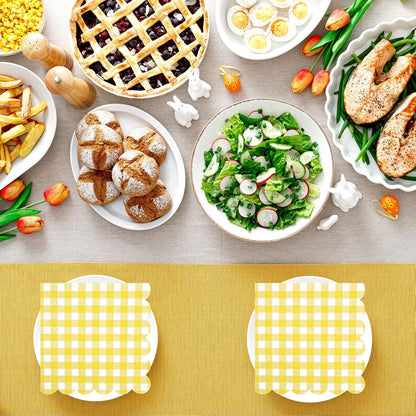 50PCS Yellow Scalloped Gingham Paper Napkins - Yellow and White Striped Luncheon Napkins, Checkered Dessert Napkins, Disposable Decorations Supplies for Birthday Baby Shower Wedding Party