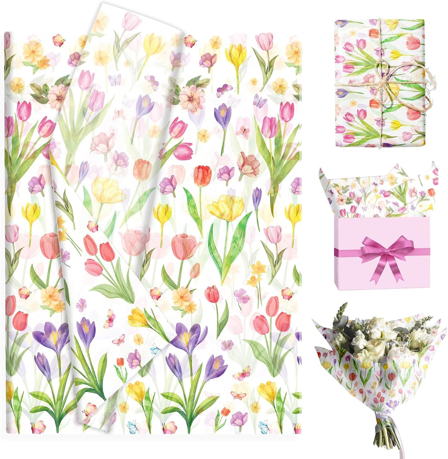 50 Sheet Wildflower Tulips Tissue Paper, Mother's Day Flower Gift Wrapping Papers Flowers Tulip Colorful with Yellow Pink Purple Tulip Designs for Bouquet Wrapping Candy Bag Fillers, 20x14 in