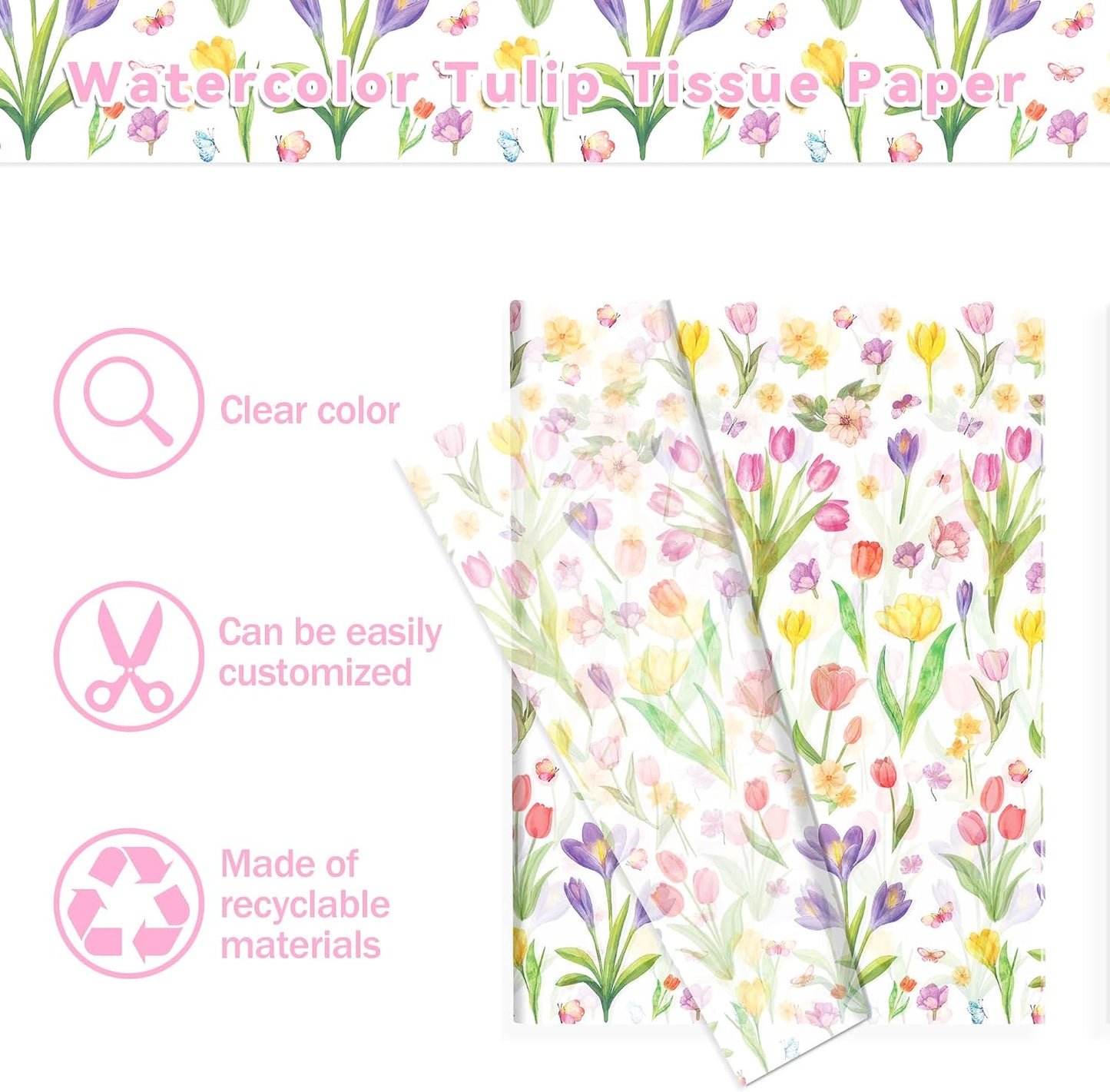 50 Sheet Wildflower Tulips Tissue Paper, Mother's Day Flower Gift Wrapping Papers Flowers Tulip Colorful with Yellow Pink Purple Tulip Designs for Bouquet Wrapping Candy Bag Fillers, 20x14 in