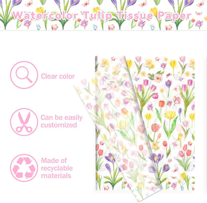 50 Sheet Wildflower Tulips Tissue Paper, Mother's Day Flower Gift Wrapping Papers Flowers Tulip Colorful with Yellow Pink Purple Tulip Designs for Bouquet Wrapping Candy Bag Fillers, 20x14 in