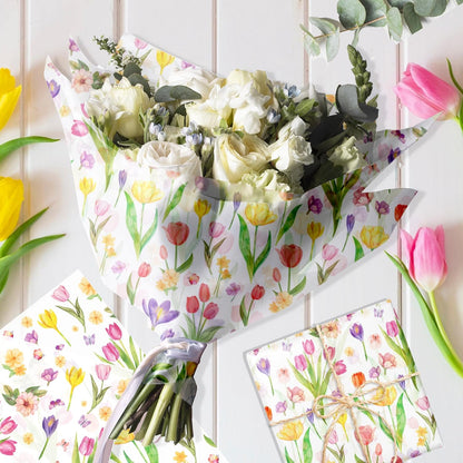 50 Sheet Wildflower Tulips Tissue Paper, Mother's Day Flower Gift Wrapping Papers Flowers Tulip Colorful with Yellow Pink Purple Tulip Designs for Bouquet Wrapping Candy Bag Fillers, 20x14 in