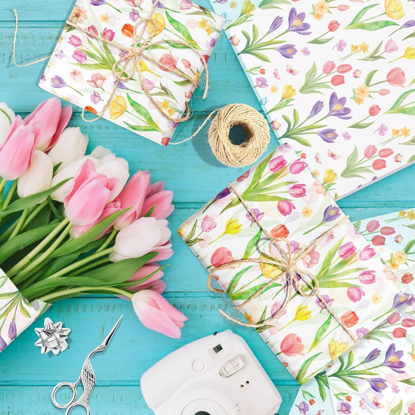 50 Sheet Wildflower Tulips Tissue Paper, Mother's Day Flower Gift Wrapping Papers Flowers Tulip Colorful with Yellow Pink Purple Tulip Designs for Bouquet Wrapping Candy Bag Fillers, 20x14 in