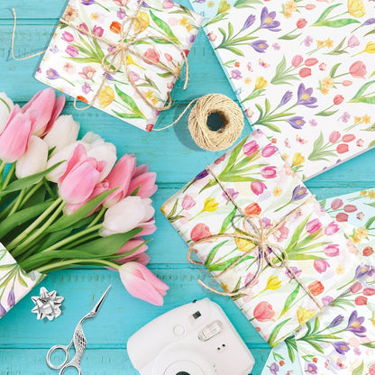 50 Sheet Wildflower Tulips Tissue Paper, Mother's Day Flower Gift Wrapping Papers Flowers Tulip Colorful with Yellow Pink Purple Tulip Designs for Bouquet Wrapping Candy Bag Fillers, 20x14 in