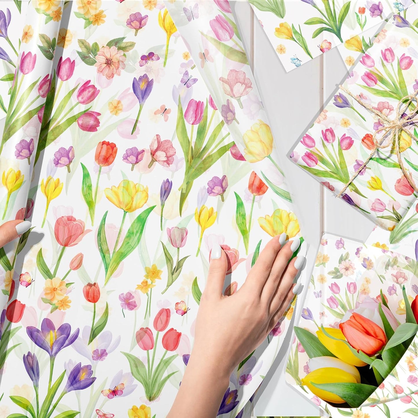50 Sheet Wildflower Tulips Tissue Paper, Mother's Day Flower Gift Wrapping Papers Flowers Tulip Colorful with Yellow Pink Purple Tulip Designs for Bouquet Wrapping Candy Bag Fillers, 20x14 in
