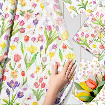 50 Sheet Wildflower Tulips Tissue Paper, Mother's Day Flower Gift Wrapping Papers Flowers Tulip Colorful with Yellow Pink Purple Tulip Designs for Bouquet Wrapping Candy Bag Fillers, 20x14 in