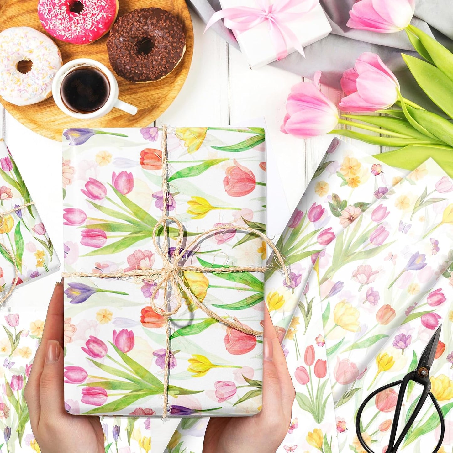 50 Sheet Wildflower Tulips Tissue Paper, Mother's Day Flower Gift Wrapping Papers Flowers Tulip Colorful with Yellow Pink Purple Tulip Designs for Bouquet Wrapping Candy Bag Fillers, 20x14 in