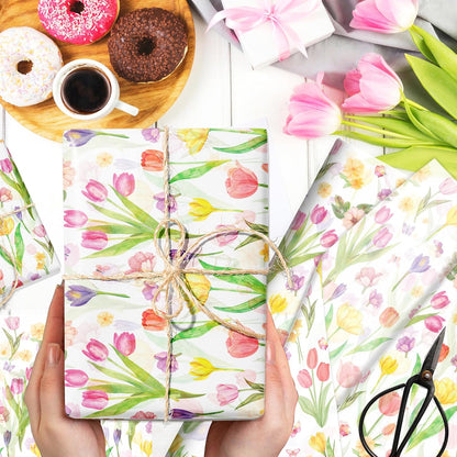 50 Sheet Wildflower Tulips Tissue Paper, Mother's Day Flower Gift Wrapping Papers Flowers Tulip Colorful with Yellow Pink Purple Tulip Designs for Bouquet Wrapping Candy Bag Fillers, 20x14 in