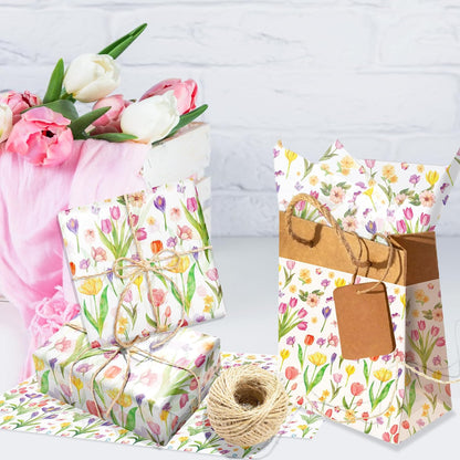 50 Sheet Wildflower Tulips Tissue Paper, Mother's Day Flower Gift Wrapping Papers Flowers Tulip Colorful with Yellow Pink Purple Tulip Designs for Bouquet Wrapping Candy Bag Fillers, 20x14 in
