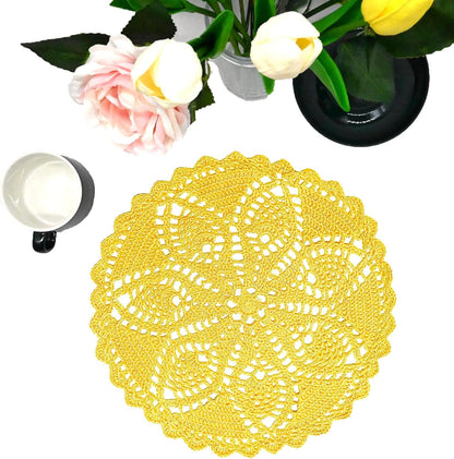 11 inches to 12 inches Round Lace Placemats Table Doilies Round Handmade Crochet Doily Kitchen Cup Mug Mats for Mother's Day Anniversary,Yellow,1 PC