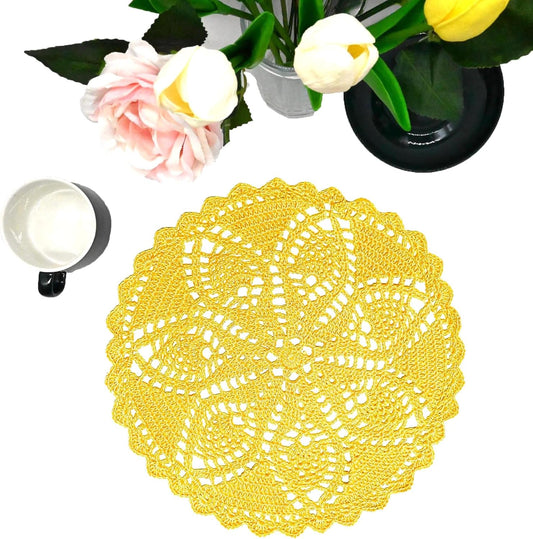 11 inches to 12 inches Round Lace Placemats Table Doilies Round Handmade Crochet Doily Kitchen Cup Mug Mats for Mother's Day Anniversary,Yellow,1 PC