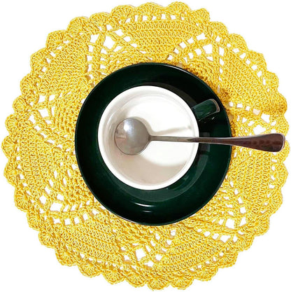 11 inches to 12 inches Round Lace Placemats Table Doilies Round Handmade Crochet Doily Kitchen Cup Mug Mats for Mother's Day Anniversary,Yellow,1 PC