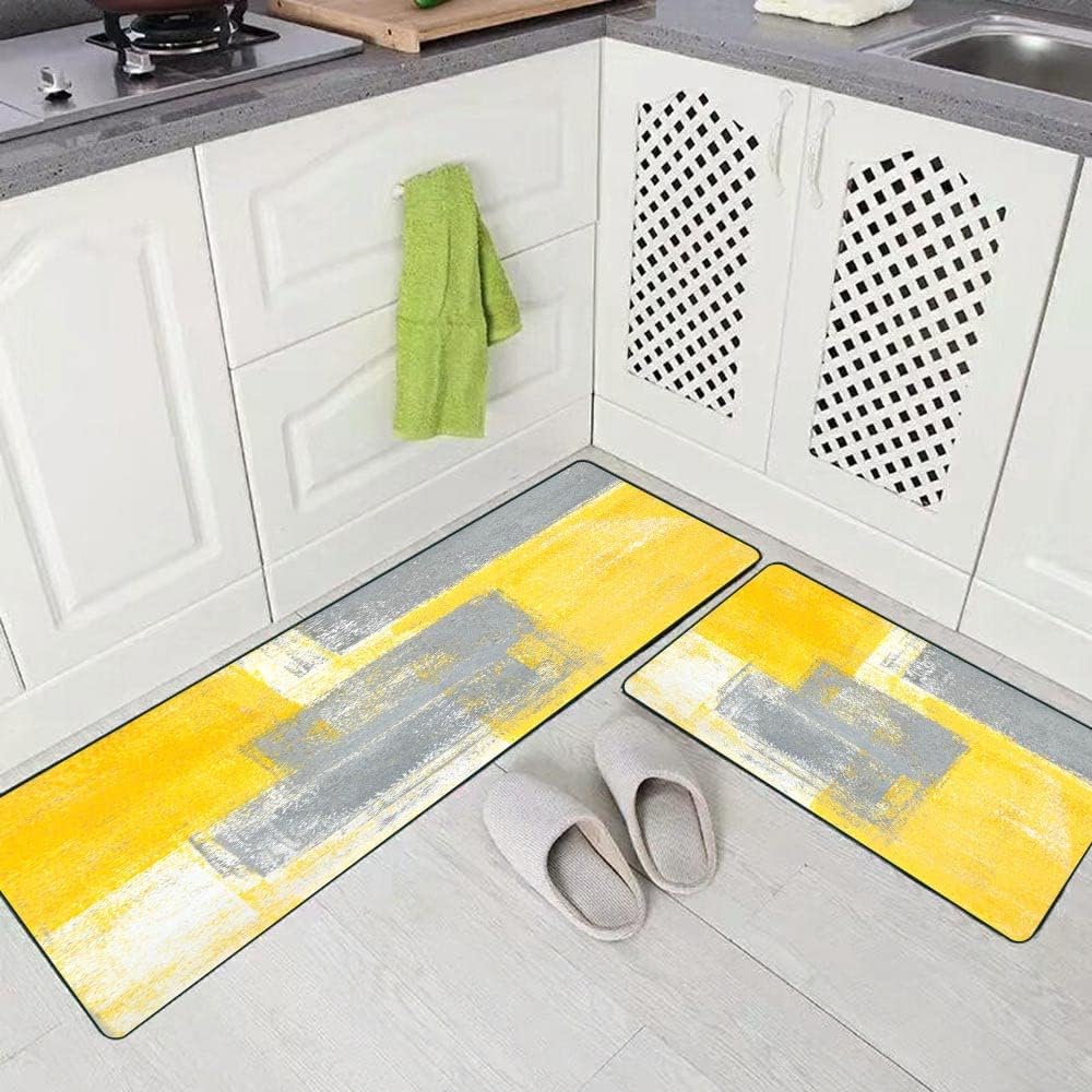TOMWISH Kitchen Rugs and Mats Non Skid Washable Yellow Kitchen Rug Grey and Yellow Abstract Art Painting Kitchen Rugs Sets 2 Piece Floor Mats for Home Kitchen 17"X48"+17"X24"