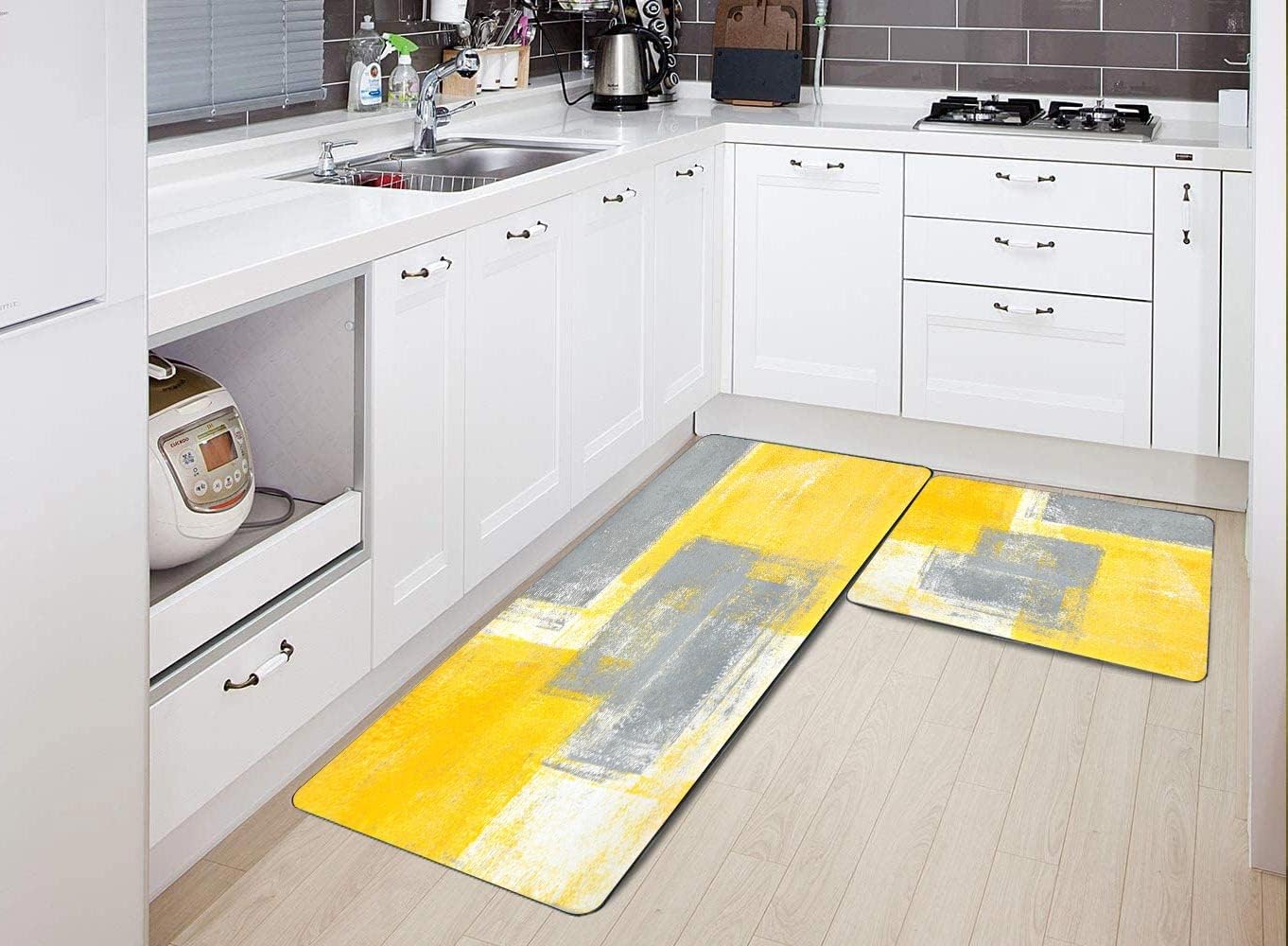 TOMWISH Kitchen Rugs and Mats Non Skid Washable Yellow Kitchen Rug Grey and Yellow Abstract Art Painting Kitchen Rugs Sets 2 Piece Floor Mats for Home Kitchen 17"X48"+17"X24"