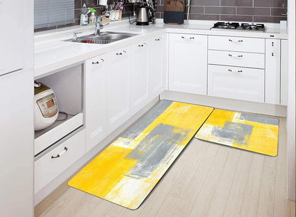 TOMWISH Kitchen Rugs and Mats Non Skid Washable Yellow Kitchen Rug Grey and Yellow Abstract Art Painting Kitchen Rugs Sets 2 Piece Floor Mats for Home Kitchen 17"X48"+17"X24"