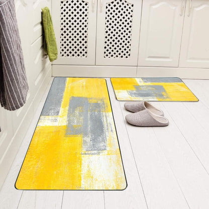 TOMWISH Kitchen Rugs and Mats Non Skid Washable Yellow Kitchen Rug Grey and Yellow Abstract Art Painting Kitchen Rugs Sets 2 Piece Floor Mats for Home Kitchen 17"X48"+17"X24"