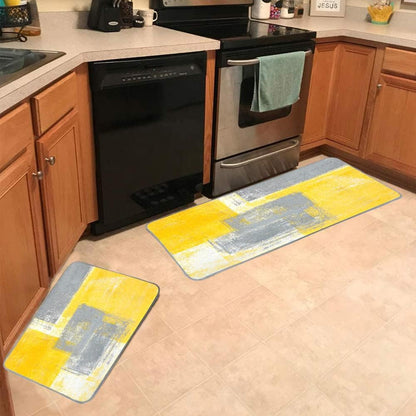 TOMWISH Kitchen Rugs and Mats Non Skid Washable Yellow Kitchen Rug Grey and Yellow Abstract Art Painting Kitchen Rugs Sets 2 Piece Floor Mats for Home Kitchen 17"X48"+17"X24"