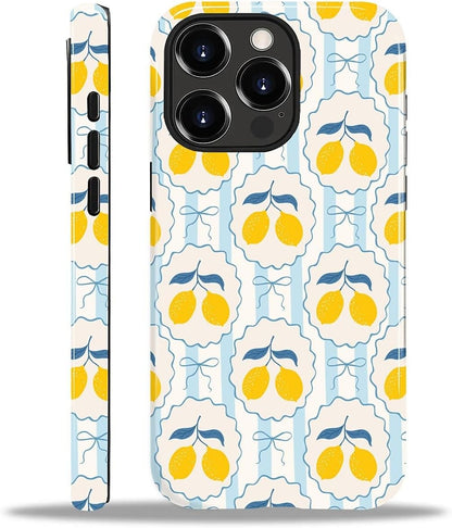 for iPhone 15 Pro Case Cute - Dual-Layer Hard Shell + Silicone Cover - Aesthetic Protective Phone Case for Women Girls -Blue Bow Lemon