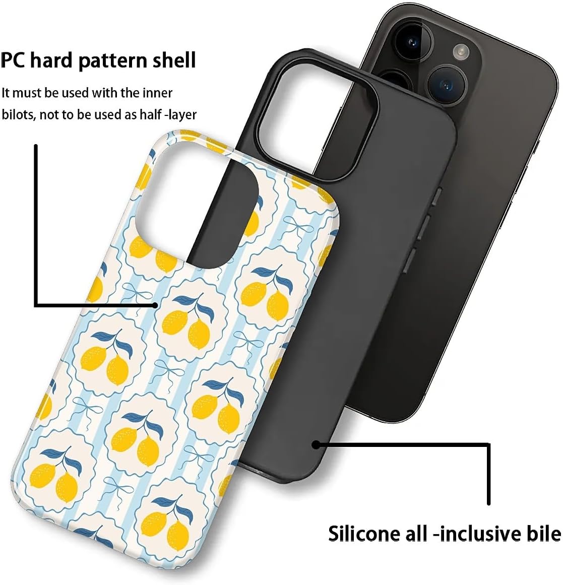 for iPhone 15 Pro Case Cute - Dual-Layer Hard Shell + Silicone Cover - Aesthetic Protective Phone Case for Women Girls -Blue Bow Lemon