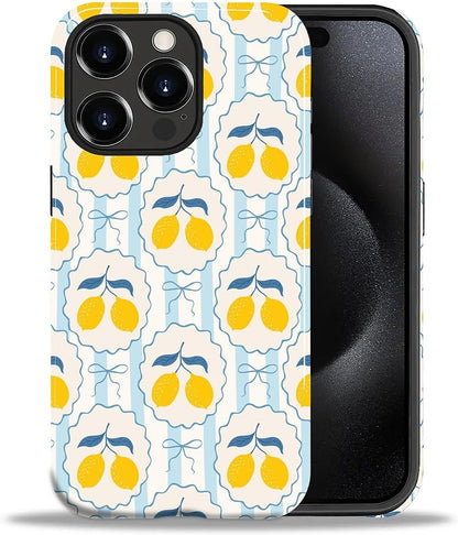 for iPhone 15 Pro Case Cute - Dual-Layer Hard Shell + Silicone Cover - Aesthetic Protective Phone Case for Women Girls -Blue Bow Lemon