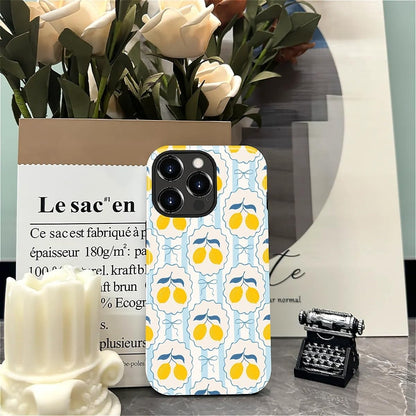 for iPhone 15 Pro Case Cute - Dual-Layer Hard Shell + Silicone Cover - Aesthetic Protective Phone Case for Women Girls -Blue Bow Lemon