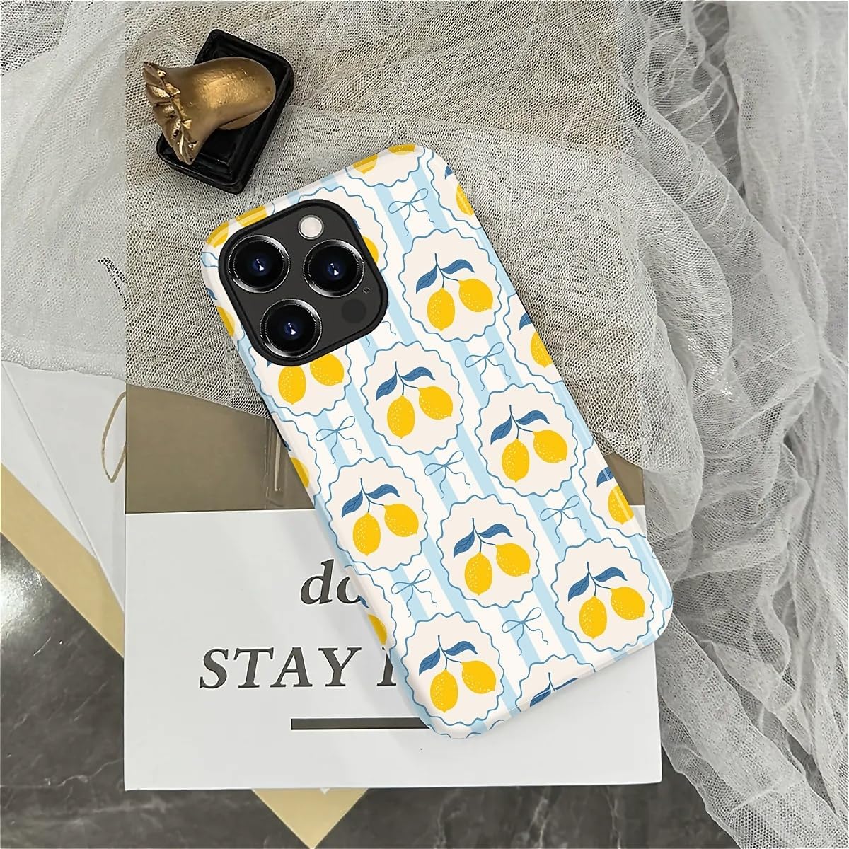 for iPhone 15 Pro Case Cute - Dual-Layer Hard Shell + Silicone Cover - Aesthetic Protective Phone Case for Women Girls -Blue Bow Lemon
