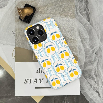 for iPhone 15 Pro Case Cute - Dual-Layer Hard Shell + Silicone Cover - Aesthetic Protective Phone Case for Women Girls -Blue Bow Lemon