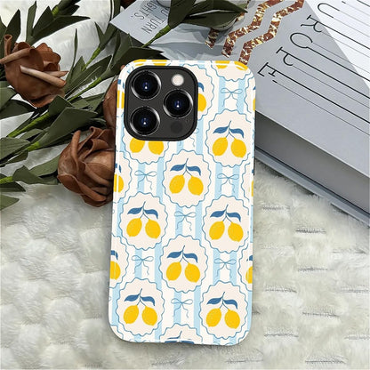 for iPhone 15 Pro Case Cute - Dual-Layer Hard Shell + Silicone Cover - Aesthetic Protective Phone Case for Women Girls -Blue Bow Lemon