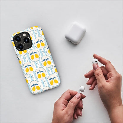 for iPhone 15 Pro Case Cute - Dual-Layer Hard Shell + Silicone Cover - Aesthetic Protective Phone Case for Women Girls -Blue Bow Lemon