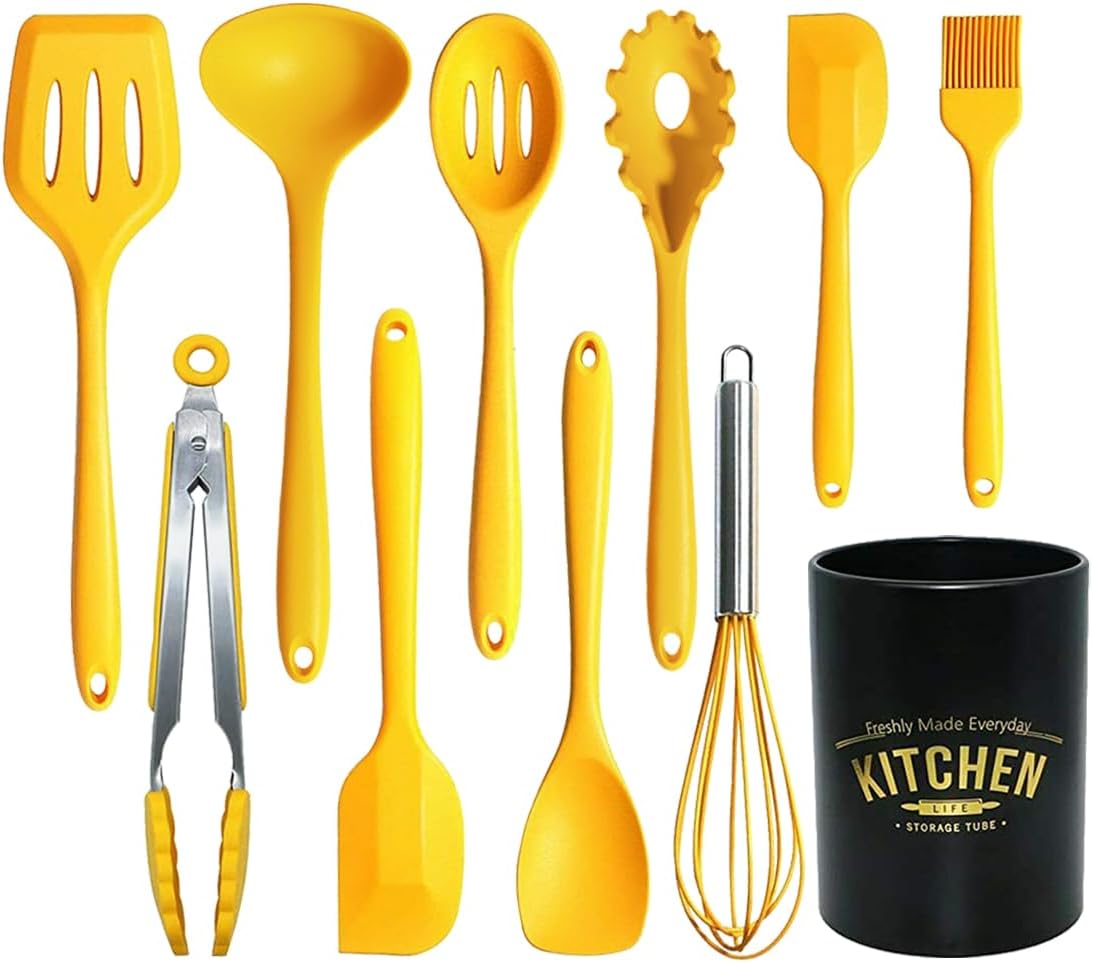 11Pcs Silicone Cooking Utensils Set - Heat Resistant Kitchen Tools, Spatula, Turner, Tongs, Spoon, Whisk, BPA Free, Dishwasher Safe, Nonstick Cookware Utensils (Yellow)