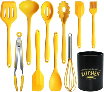 11Pcs Silicone Cooking Utensils Set - Heat Resistant Kitchen Tools, Spatula, Turner, Tongs, Spoon, Whisk, BPA Free, Dishwasher Safe, Nonstick Cookware Utensils (Yellow)