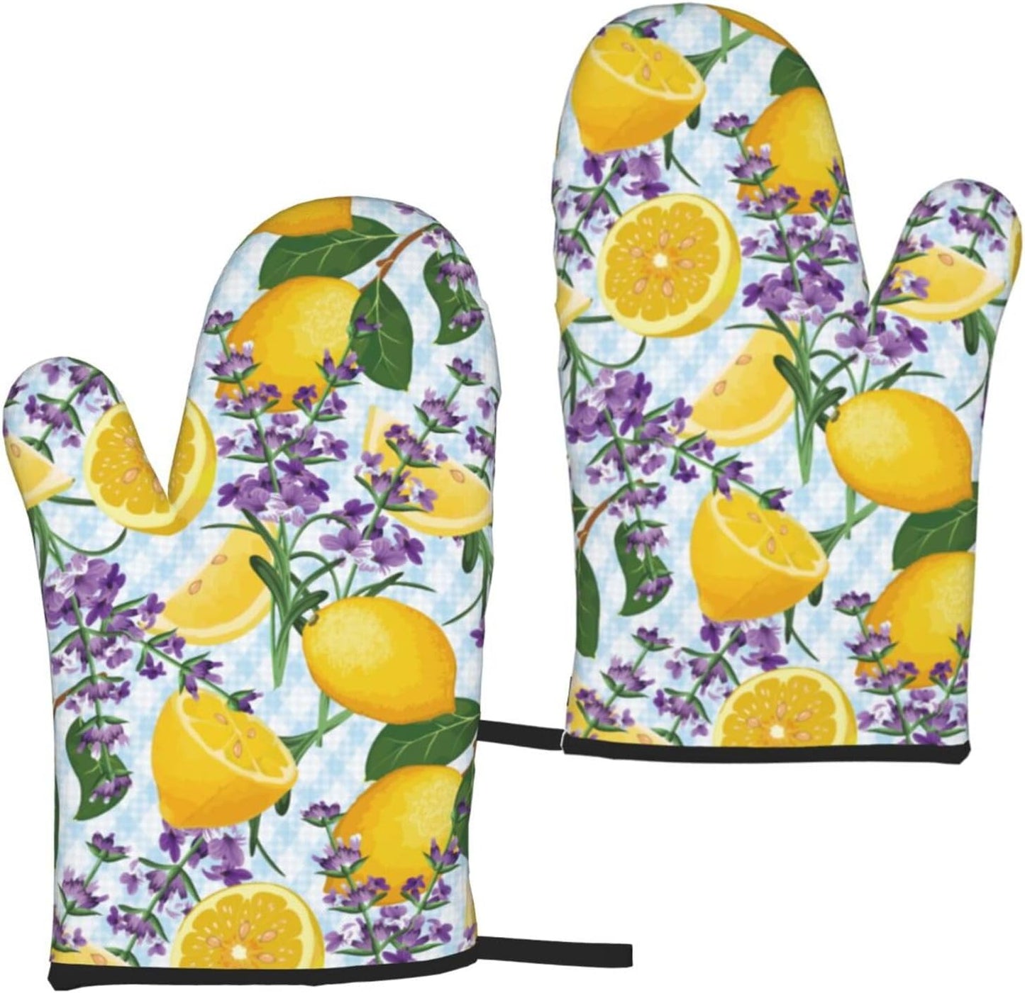 Lemon Lavender Oven Mitts of 2-Pack Set, Funny Kitchen Gloves Heat Resistant Non-Slip Kitchen Mitts Safe Cooking Baking Grilling