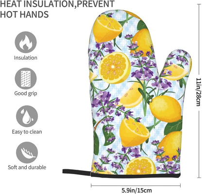 Lemon Lavender Oven Mitts of 2-Pack Set, Funny Kitchen Gloves Heat Resistant Non-Slip Kitchen Mitts Safe Cooking Baking Grilling