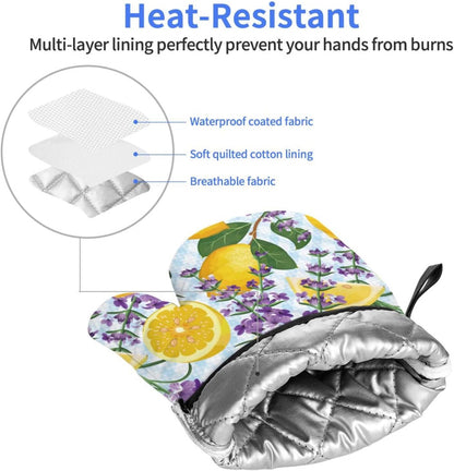 Lemon Lavender Oven Mitts of 2-Pack Set, Funny Kitchen Gloves Heat Resistant Non-Slip Kitchen Mitts Safe Cooking Baking Grilling