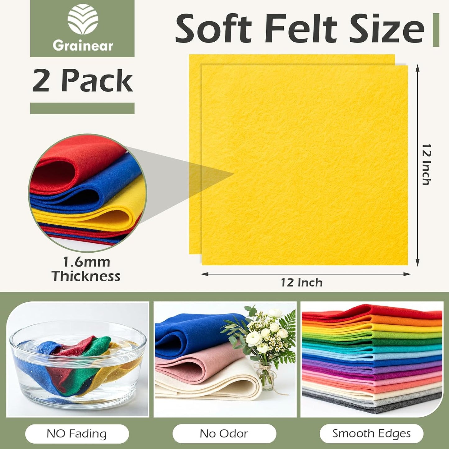 Gold Yellow Soft Felt Sheets for Crafts, 12" x 12", 1.6mm Thick, 2 Pcs | Premium Felt Fabric for Sewing, Handmade Crafts, DIY Projects, School & Home Art Supplies