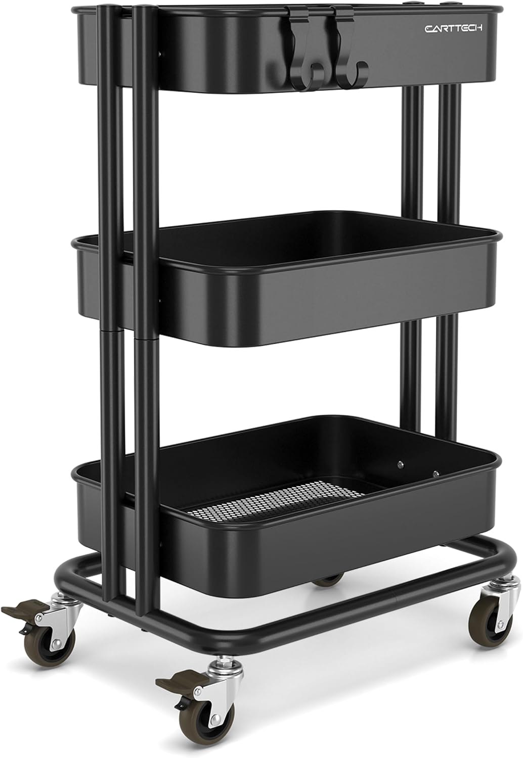 3 Tier Rolling Cart Metal Heavy Duty Utility Cart with Silent Caster Lockable Wheel Multi-Functional Organization Carts Storage Trolley with Mesh Shelves for Office Kitchen Living Room Yellow