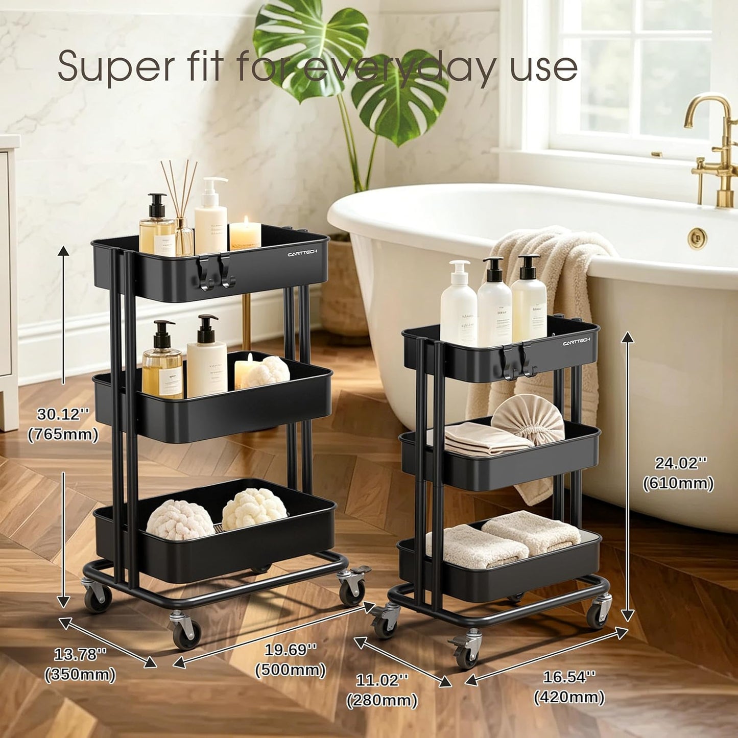 3 Tier Rolling Cart Metal Heavy Duty Utility Cart with Silent Caster Lockable Wheel Multi-Functional Organization Carts Storage Trolley with Mesh Shelves for Office Kitchen Living Room Yellow