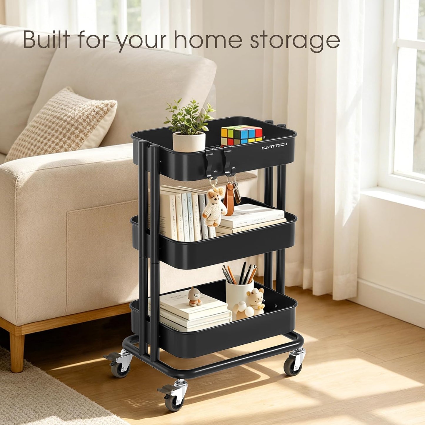 3 Tier Rolling Cart Metal Heavy Duty Utility Cart with Silent Caster Lockable Wheel Multi-Functional Organization Carts Storage Trolley with Mesh Shelves for Office Kitchen Living Room Yellow
