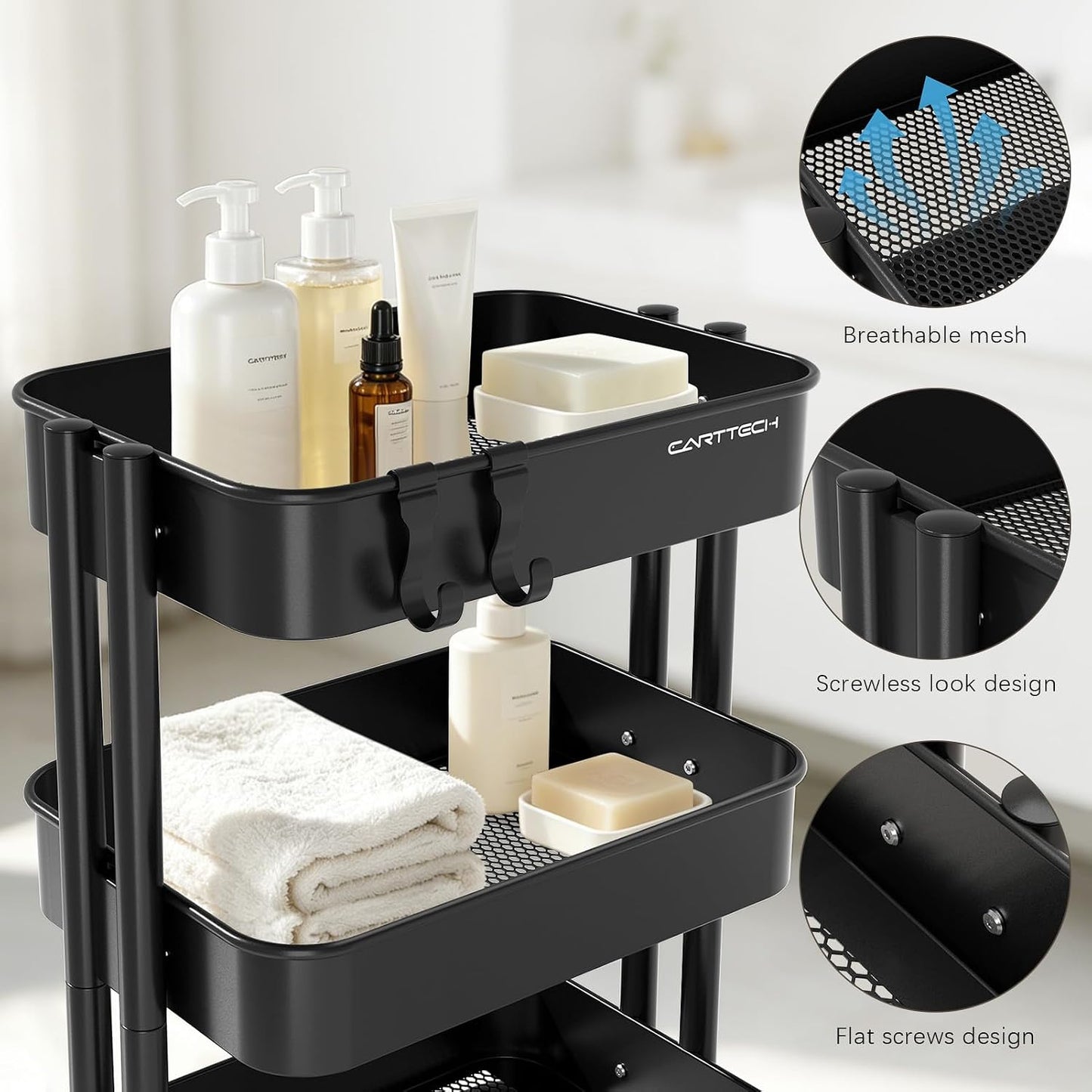 3 Tier Rolling Cart Metal Heavy Duty Utility Cart with Silent Caster Lockable Wheel Multi-Functional Organization Carts Storage Trolley with Mesh Shelves for Office Kitchen Living Room Yellow