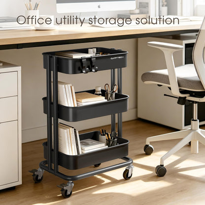 3 Tier Rolling Cart Metal Heavy Duty Utility Cart with Silent Caster Lockable Wheel Multi-Functional Organization Carts Storage Trolley with Mesh Shelves for Office Kitchen Living Room Yellow