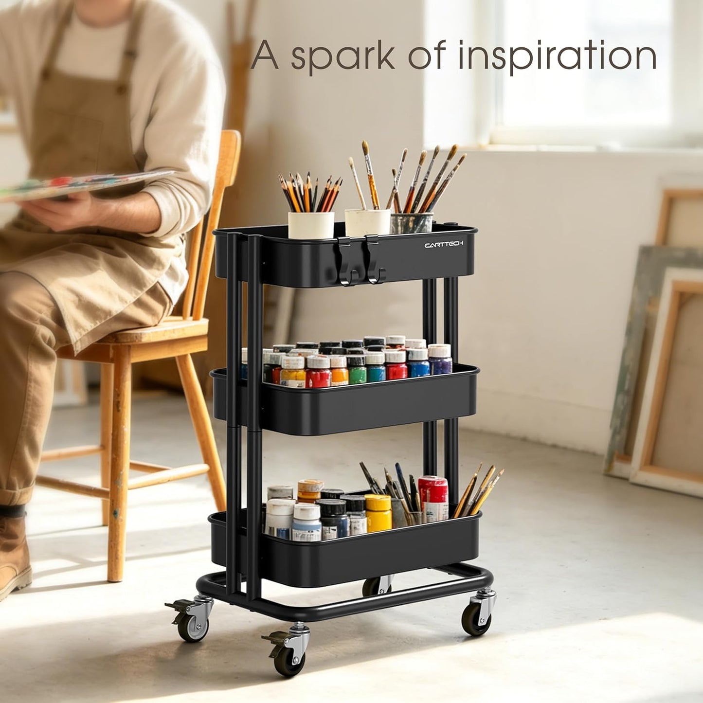 3 Tier Rolling Cart Metal Heavy Duty Utility Cart with Silent Caster Lockable Wheel Multi-Functional Organization Carts Storage Trolley with Mesh Shelves for Office Kitchen Living Room Yellow