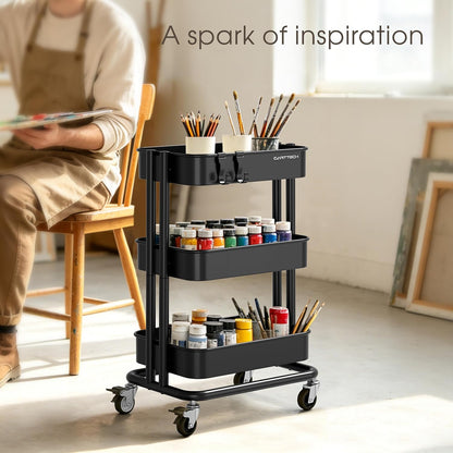 3 Tier Rolling Cart Metal Heavy Duty Utility Cart with Silent Caster Lockable Wheel Multi-Functional Organization Carts Storage Trolley with Mesh Shelves for Office Kitchen Living Room Yellow