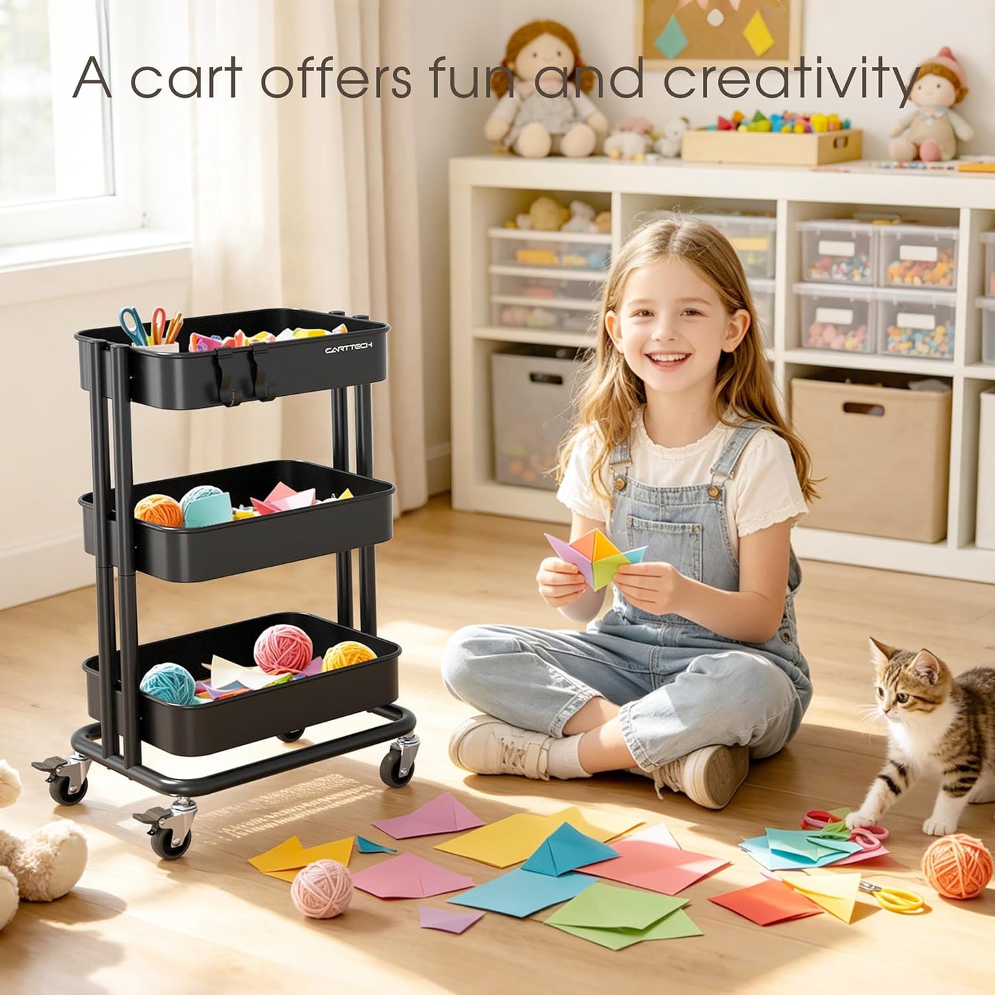 3 Tier Rolling Cart Metal Heavy Duty Utility Cart with Silent Caster Lockable Wheel Multi-Functional Organization Carts Storage Trolley with Mesh Shelves for Office Kitchen Living Room Yellow